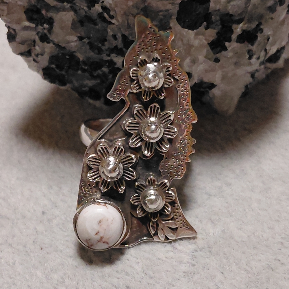 Silver Floral Wolf Ring with Wild Horse Jasper Stone